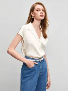 BizChic 女款優雅緞面短袖襯衫，白色領口與鈕扣，休閒商務正式穿搭 - 米色 - 查看 3