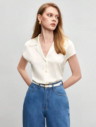 BizChic Áo sơ mi satin tay ngắn thanh lịch dành cho nữ, áo cánh cài nút cổ màu trắng trơn, trang phục công sở thường ngày trang trọng