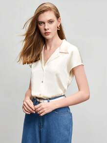 BizChic 女款優雅緞面短袖襯衫，白色領口與鈕扣，休閒商務正式穿搭 - 米色 - 查看 7