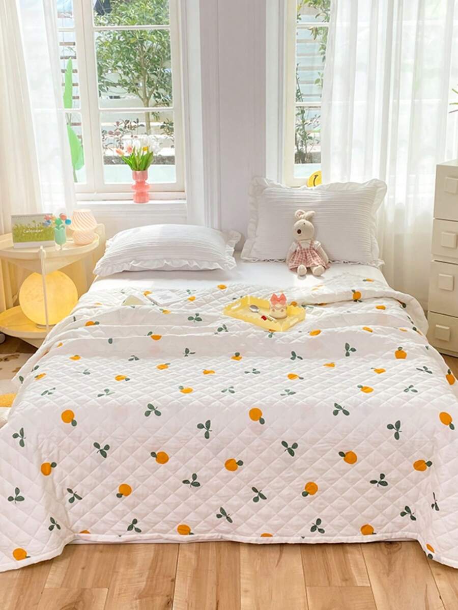 1pc Orange Pattern Quilted Bedspread, Modern Leaf & Fruit Print Soft Quilt For Bedroom, Summer - Multicolor - View 1