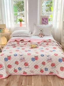 1pc Peach Print Quilt, Cartoon Rabbit & Fruit Print Soft Quilt For Bedroom, Summer - Multicolor - View 1