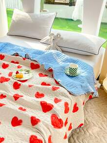 1pc Heart Print Quilted Bedspread, Modern Heart Pattern Soft Quilt For Bedroom, Summer - Multicolor - View 10