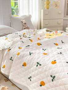 1pc Orange Pattern Quilted Bedspread, Modern Leaf & Fruit Print Soft Quilt For Bedroom, Summer - Multicolor - View 5