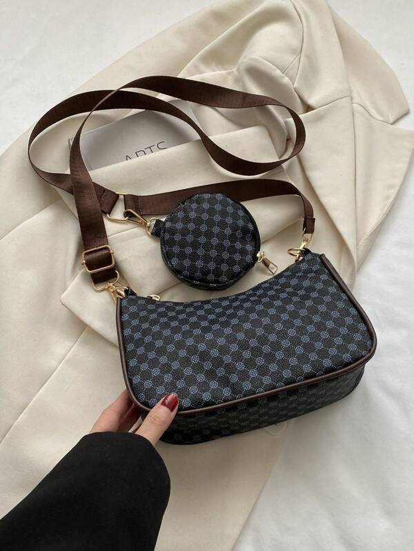 Geometric Print Hobo Bag Zipper With Coin Purse , Women Bag With Dime Bag
