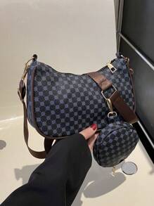 Geometric Print Hobo Bag Zipper With Coin Purse , Women Bag With Dime Bag - Black - View 3