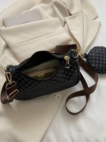 Geometric Print Hobo Bag Zipper With Coin Purse , Women Bag With Dime Bag - Black - View 5