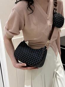 Geometric Print Hobo Bag Zipper With Coin Purse , Women Bag With Dime Bag - Black - View 8