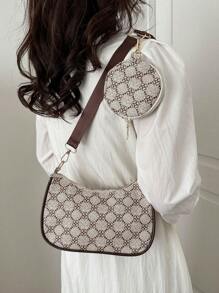 迷人、優雅、精緻度假、舊款便攜式幾何印花流浪漢包拉鍊帶零錢包適合青少年女孩女大學生、白領、菜鳥和白領完美辦公室、完美戶外、完美派對、舞會、晚餐、婚禮、工作、商務、通勤、女士包附一角錢袋