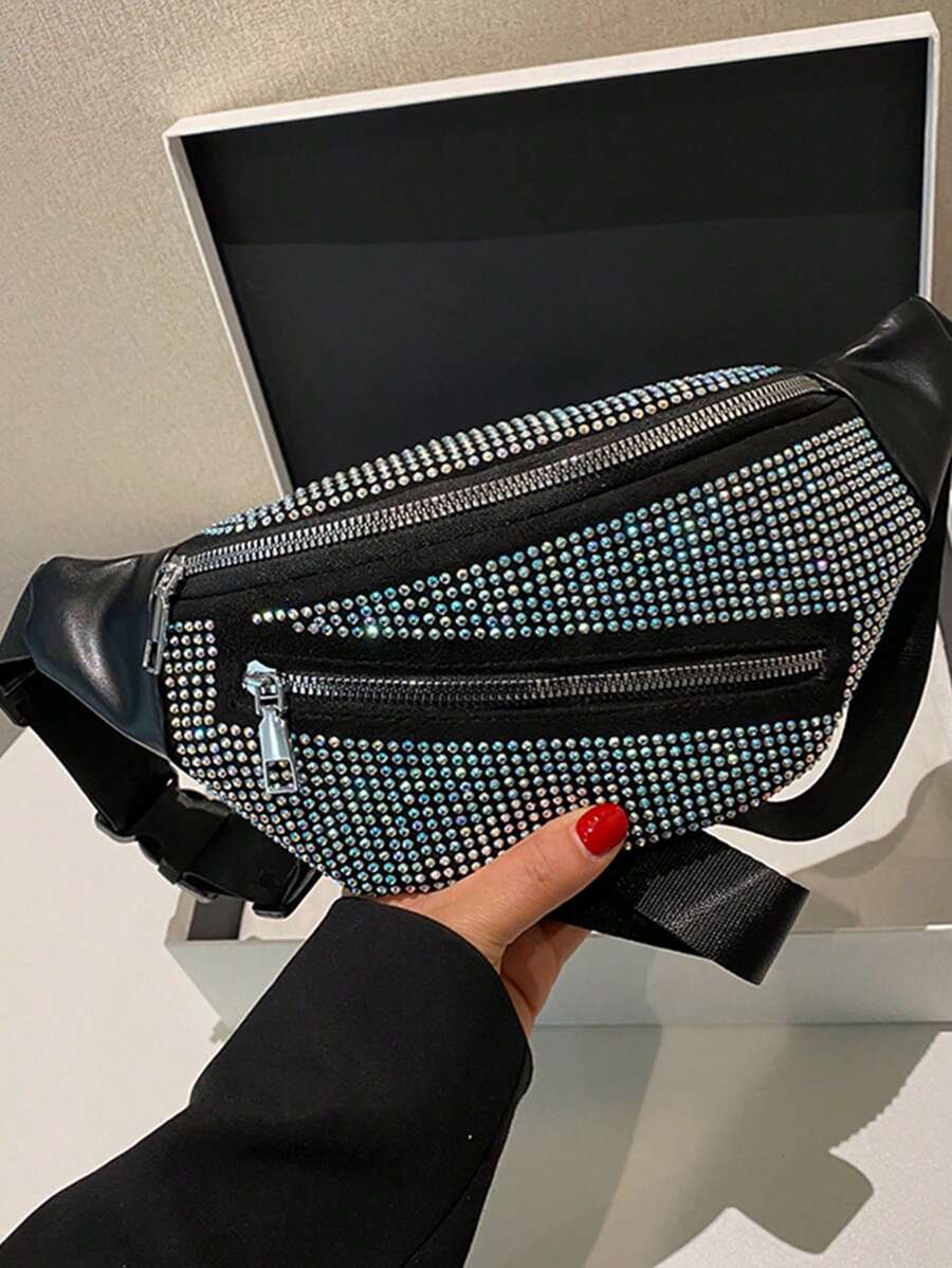 PU Bum Bag Studded Decor Adjustable Strap - Black - View 1