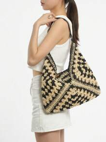 雙色草編包鏤空,完美適合夏天海灘旅行度假 - 彩色 - 查看 2