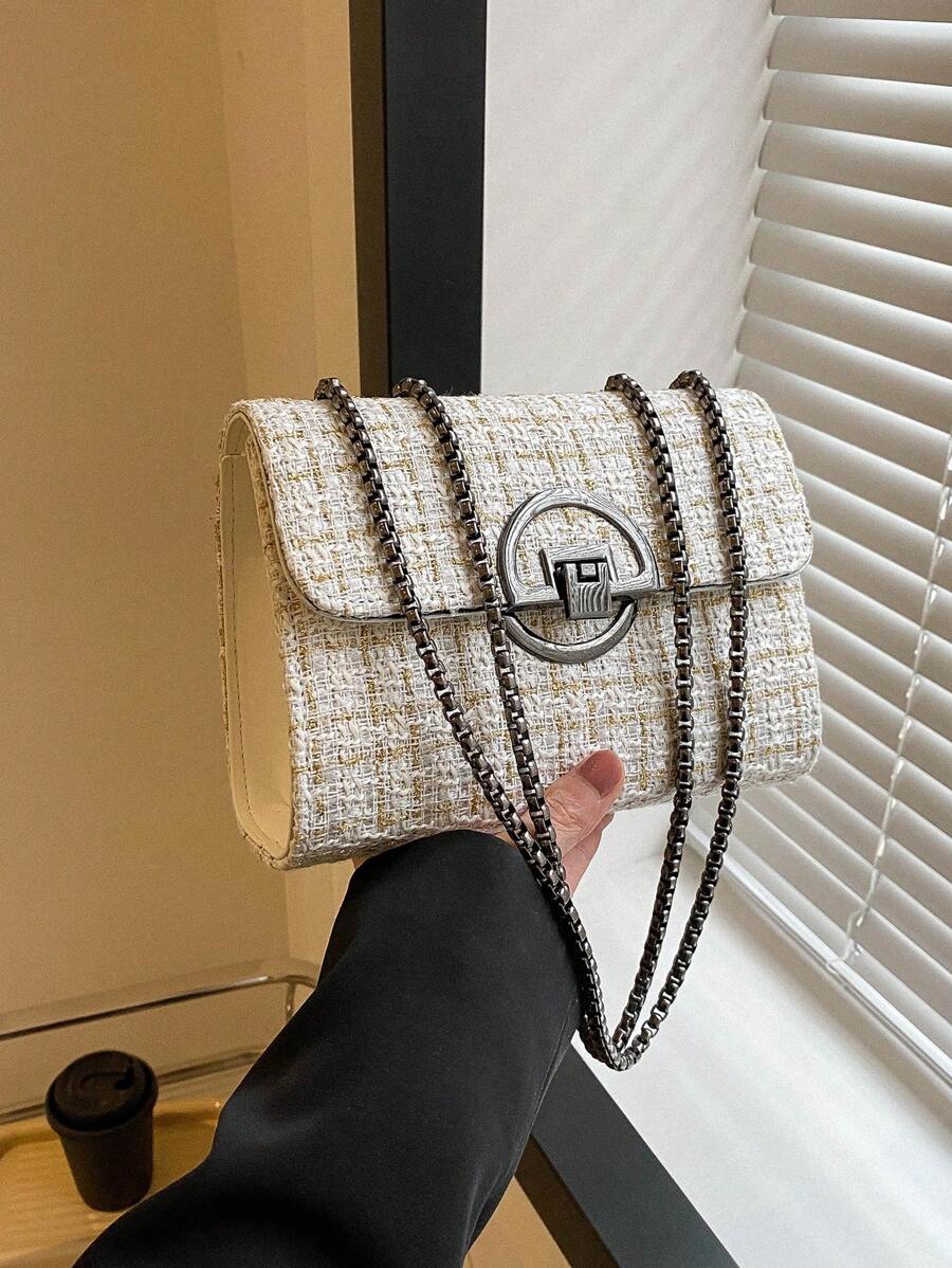 迷你方包格紋圖案翻蓋鏈條 - 白色 - 查看 1