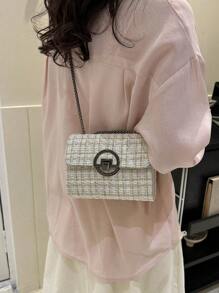 迷你方包格紋圖案翻蓋鏈條 - 白色 - 查看 4