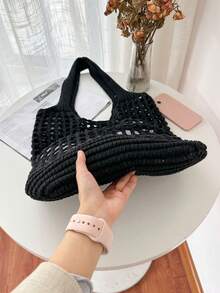 Túi mua hàng dệt kim và chỉ dày có sức chứa lớn tối giản dành cho nữ Túi đi học dành cho sinh viên mới tốt nghiệp, cô gái tuổi teen, sinh viên năm nhất, sinh viên năm hai, sinh viên năm cuối đại học, đại học và trung học phổ thông, hoàn hảo cho hoạt động ngoài trời, du lịch và quay lại trường học - màu đen - Xem 4