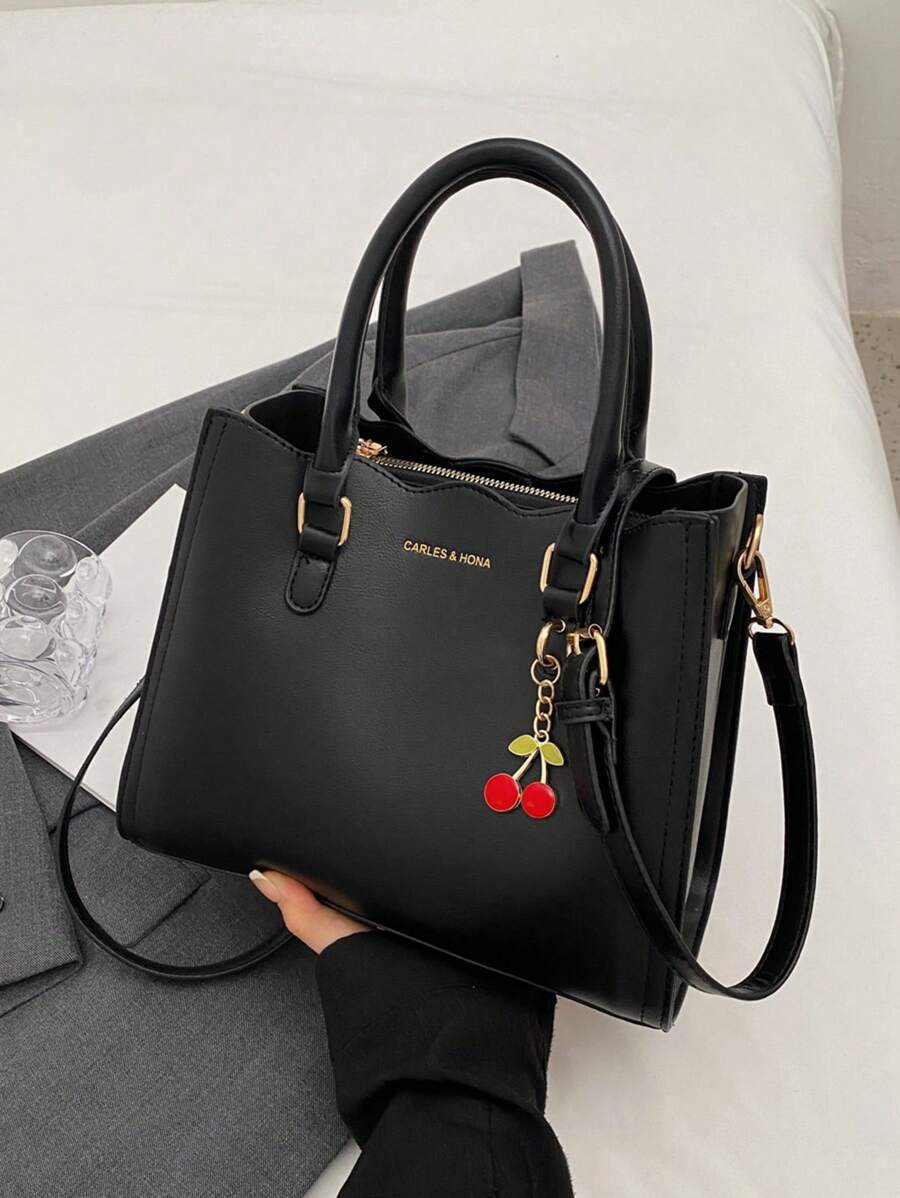 字母壓紋方包櫻桃裝飾拉鍊