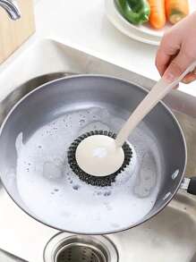 1pc Plastic Cleaning Brush, Simple Detachable Long Handle Pot Cleaning Brush For Kitchen - Pink - View 3