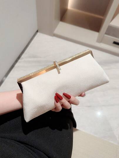 1pc Luxury Velvet Black Evening Clutch Bag, Embellished With Sparkling Rhinestone Hook Closure, Suitable For Holiday Party, Wedding, Formal Outfit, Fashionable Clutch Bags For Woman