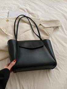 小單肩托特包極簡PU皮革翻蓋黑色 - 黑色 - 查看 2