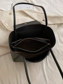 小單肩托特包極簡PU皮革翻蓋黑色 - 黑色 - 查看 3