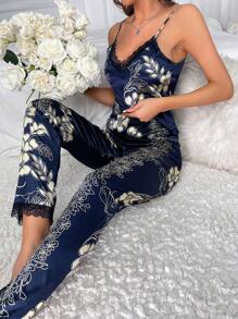 Floral Print Lace Trim Cami Top & Trousers PJ Set - Navy Blue - View 1