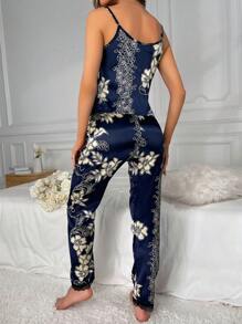 Floral Print Lace Trim Cami Top & Trousers PJ Set - Navy Blue - View 2