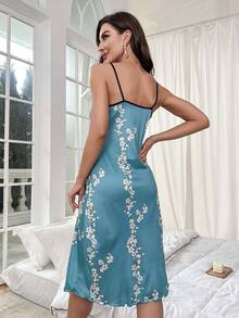 印花撞色滾邊吊帶睡裙 - 霧霾藍 - 查看 2