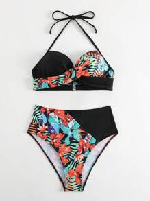 SHEIN Swim 熱帶圖案聚攏比基尼泳裝 - 彩色 - 查看 7