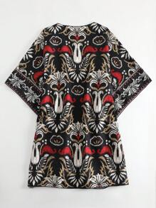 SHEIN Swim Summer Allover Print Batwing Sleeve Kimono - Black - View 4