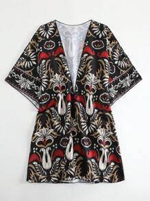SHEIN Swim Summer Allover Print Batwing Sleeve Kimono - Black - View 5