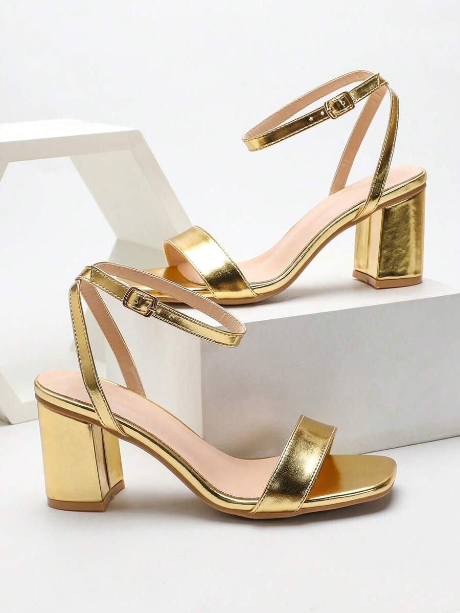 Spring/Summer Women's Fashionable Square Toe Chunky Heel Strap Gold Color High Heel Sandals - Gold - View 1