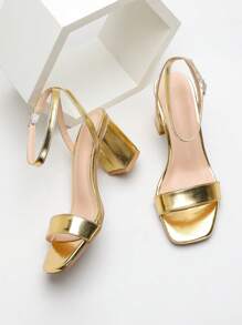 Spring/Summer Women's Fashionable Square Toe Chunky Heel Strap Gold Color High Heel Sandals - Gold - View 2