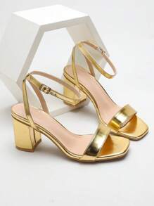 Spring/Summer Women's Fashionable Square Toe Chunky Heel Strap Gold Color High Heel Sandals - Gold - View 3