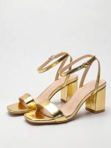 Spring/Summer Women's Fashionable Square Toe Chunky Heel Strap Gold Color High Heel Sandals - Gold - View 5