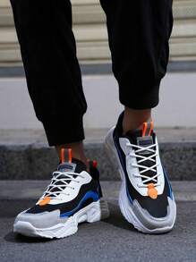 男士前繫帶撞色字母貼飾運動戶外織物老爹鞋 - 彩色 - 查看 3