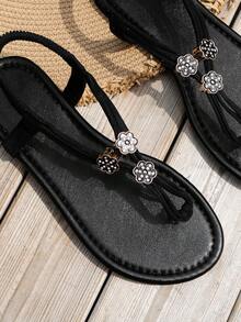 Women Flower Decor Flat Sandals, Fashionable Summer Thong Sandals - Black - View 5