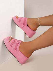 Women Lightweight Buckle Decor Sandals, Fashionable Summer Fabric Wedge Slide Sandals - Pink - View 3