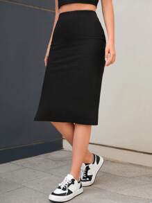 RueChic Solid Split Thigh Skirt - màu đen - Xem 3
