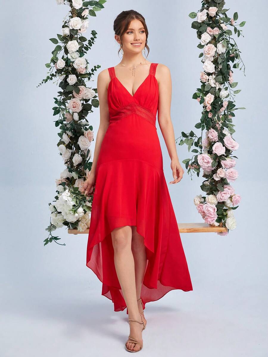 SHEIN Belle Contrast Lace High Low Hem Dress - Red - View 1