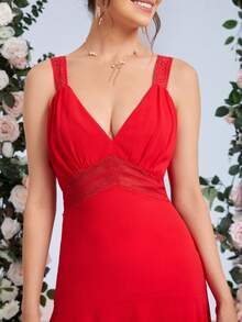 SHEIN Belle Contrast Lace High Low Hem Dress - Red - View 8