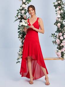 SHEIN Belle Contrast Lace High Low Hem Dress - Red - View 2