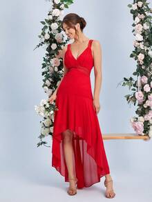 SHEIN Belle Contrast Lace High Low Hem Dress - Red - View 5