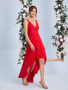 SHEIN Belle Contrast Lace High Low Hem Dress - Red - View 7