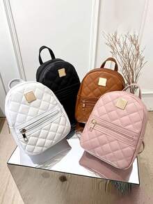 Quilted Classic Backpack Baby Pink Metal Decor Adjustable Strap For Daily - Pink - View 4