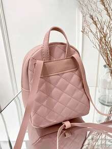 Quilted Classic Backpack Baby Pink Metal Decor Adjustable Strap For Daily - Pink - View 8