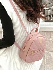 Quilted Classic Backpack Baby Pink Metal Decor Adjustable Strap For Daily - Pink - View 9