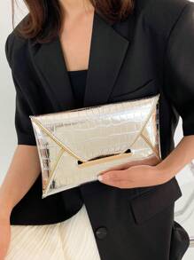 鱷魚壓紋信封包銀前衛金屬裝飾 - 銀色 - 查看 1