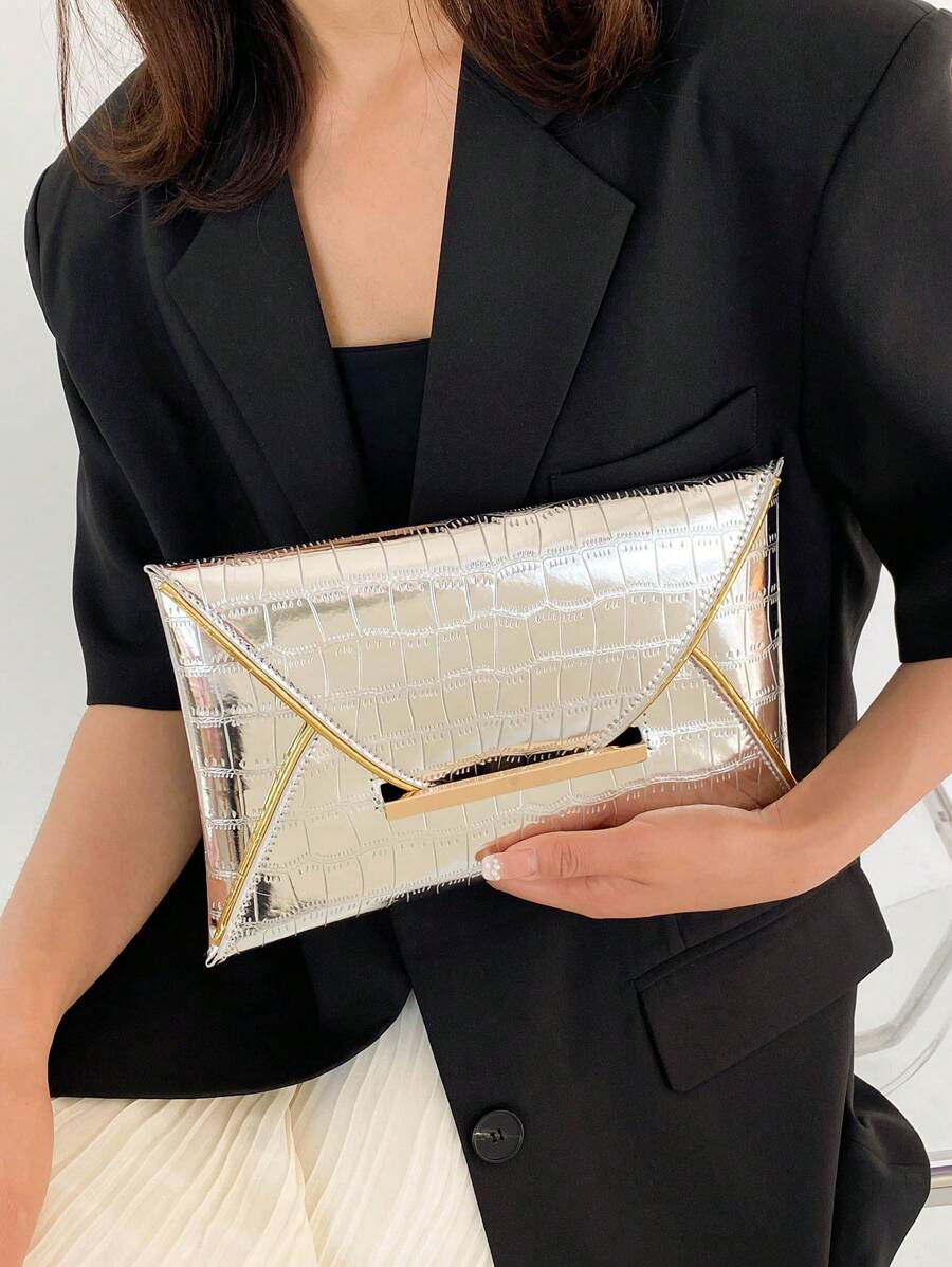 鱷魚壓紋信封包銀前衛金屬裝飾 - 銀色 - 查看 1