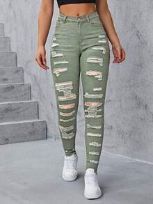 SHEIN Essnce Ripped Skinny Jeans - Mint Green - View 5