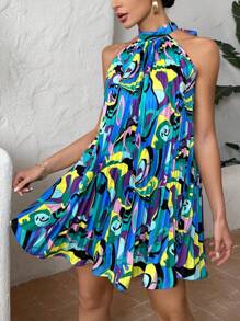 SHEIN VCAY Allover Print Halter Neck Tie Back Dress - Multicolor - View 2