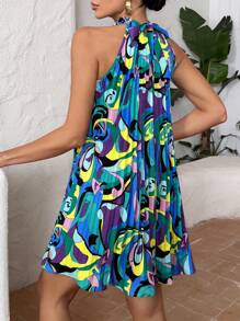 SHEIN VCAY Allover Print Halter Neck Tie Back Dress - Multicolor - View 3
