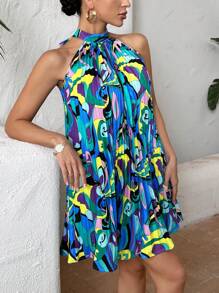 SHEIN VCAY Allover Print Halter Neck Tie Back Dress - Multicolor - View 5